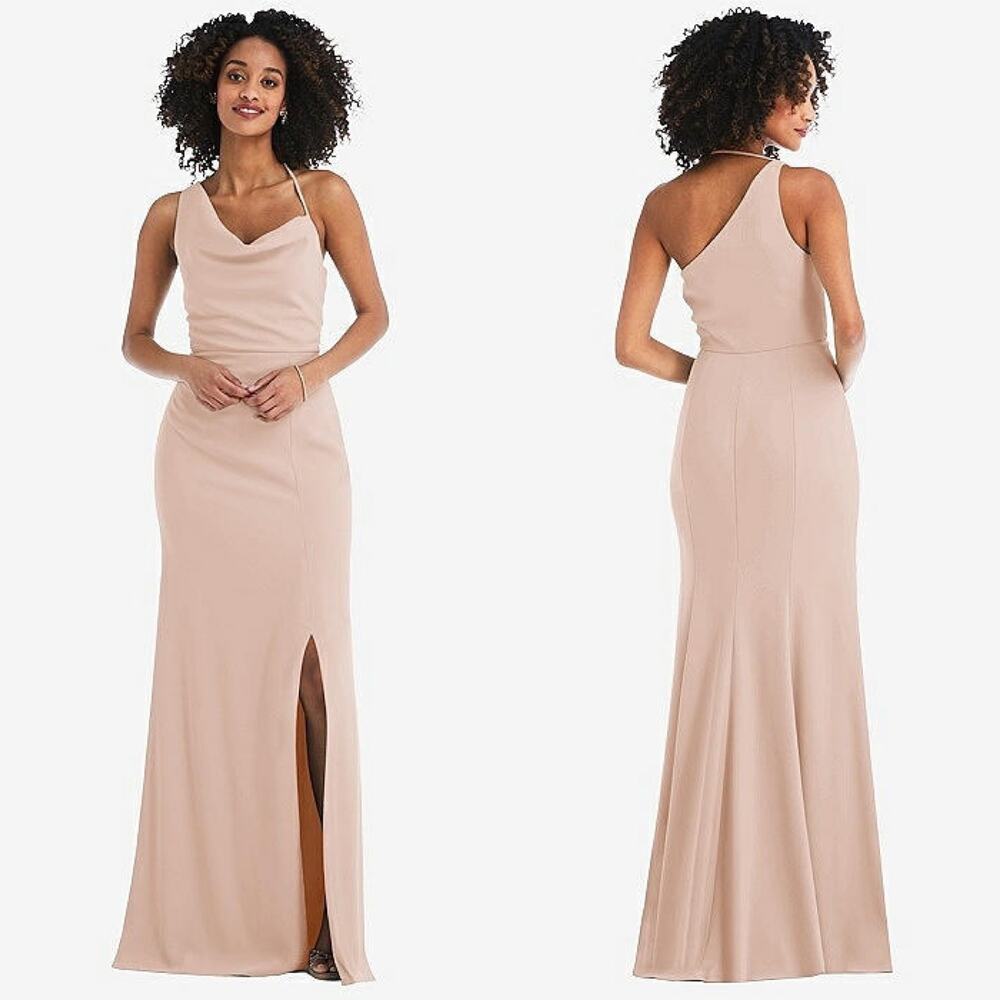 NWT AFTER SIX ONE-SHOULDER DRAPED COWL-NECK‎ MAXI DRESS 6849 Cameo size 2